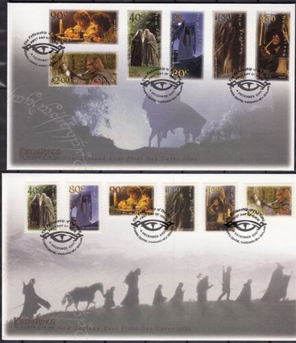NEW ZEALAND 2001 Lord of the Rings: Fellowship, Set of 6 and 6 S/A’s FDC’s