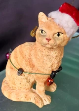 SMALL ORANGE KITTY W. SANTA HAT & STRING OF CHRISTMAS LIGHTS NECKLACE  ORNAMENT