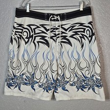 Op Board Shorts Size 36 Op Riding Lo Embroidered Logo White w/ Blue Black Flames