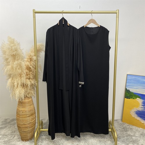 Women Suit Cardigan Dress 2 Piece Casual Loose Muslim Robe Arab Tassals Abaya - Picture 36 of 60