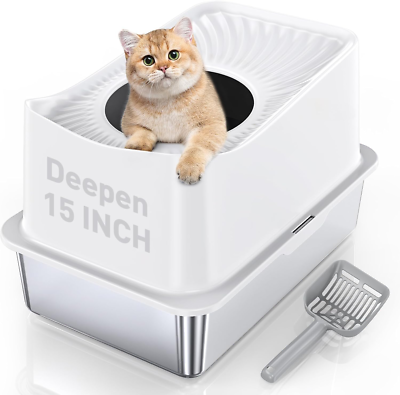 Extra Large 20L Stainless Steel Cat Litter Box With Stair Foot Pad Splash-Proof Easy To Clean Odorless Toilet Cat Litter Box - 15