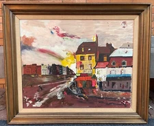 Vintage 1970s Abstract Landscape Oil Painting Mid Century Modern Signed Roggy