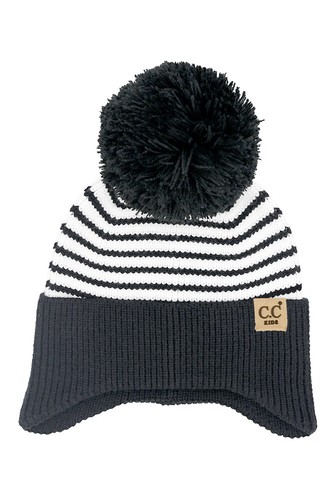C.C Exclusive Kids Girls Boys Soft Stripe Earflap Yarn Pom Beanie Winter Hat - Picture 3 of 7