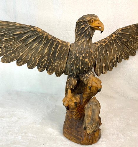 RARE VINTAGE USSR Hand Carved Wood Eagle Open Wings W Rabbit Figurine 13” Statue - Picture 4 of 9