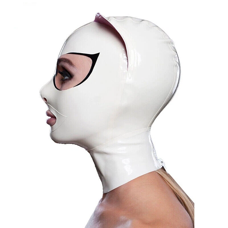 Латексный капюшон с розовыми кошачьими ушами открытыми глазами ртом фетиш резиновая маска сзади молния Великобритания - Изображение 2 из 4