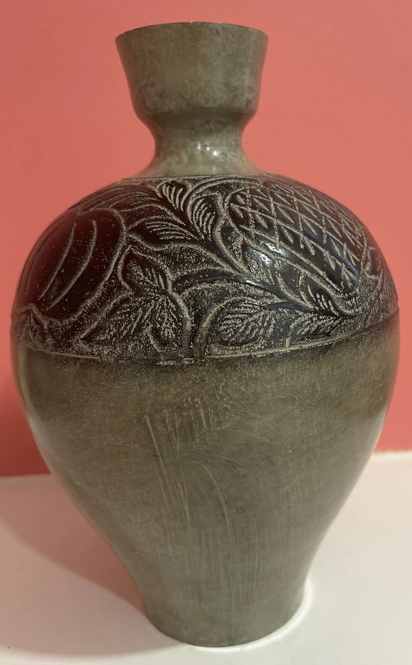 Antigua maceta redonda de latón india con base de agua original floral fina Foto 2 de 4