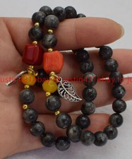 2 Pcs Genuine 8mm Black Labradorite Round Beads Gems Pendant Bracelet 7.5" AAA