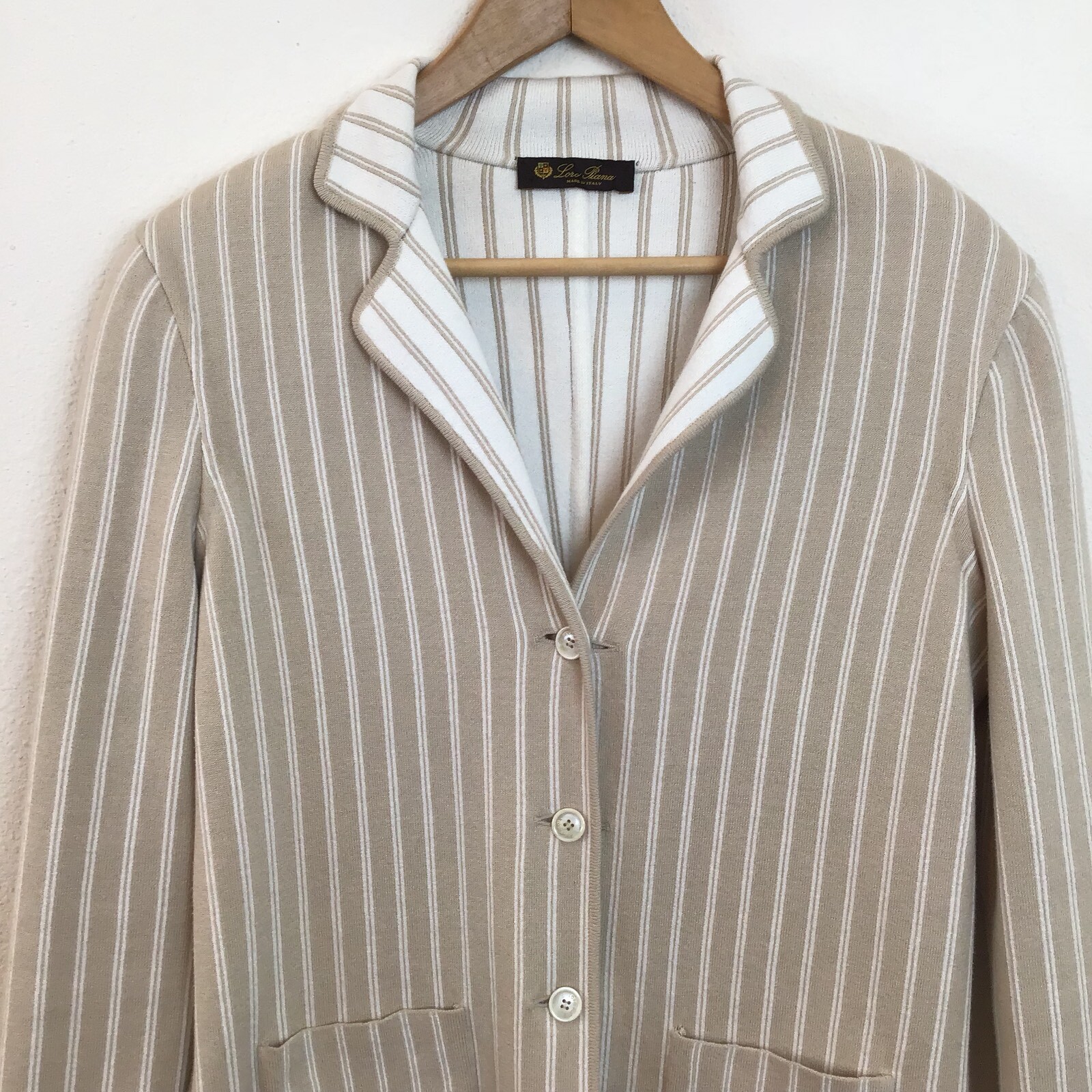 Loro Piana Sweater Jacket M Beige White Stripe Reversible Knit Blazer Women image 3