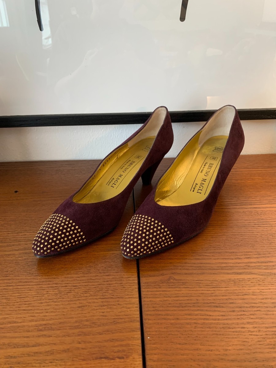 Vintage Bruno Magli Purple Suede Heels Pumps Gold Stud Toe  display picture 1