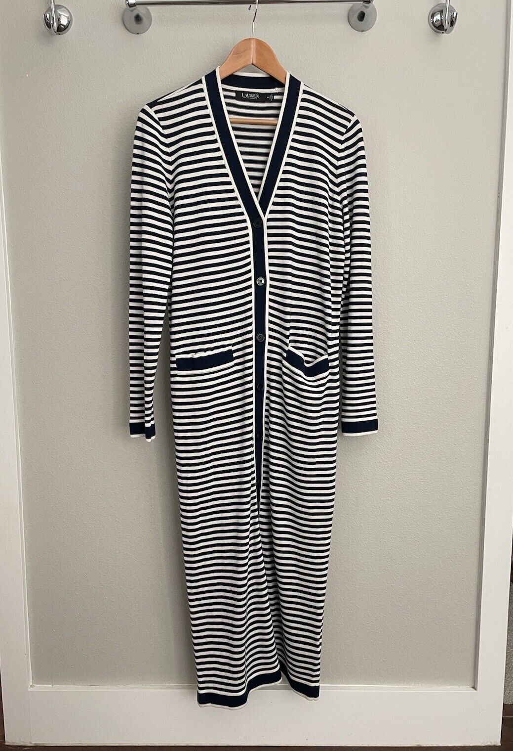 Ralph Lauren Black Label Navy White Striped Silk Blend Long Cardigan Dress Sz M