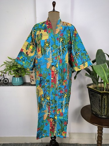 Indisch Türkis Frida Kahlo Baumwolle Lang Kimono Bademantel Nacht Maxi Robe US - Bild 4 von 4