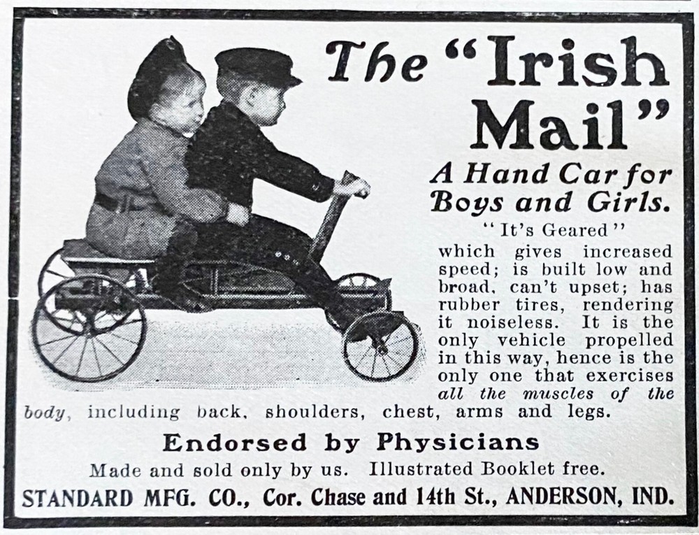 Antique 1903 IRISH MAIL Vtg Print Ad~Kids Hand Car Geared Wagon Toy Anderson,Ind