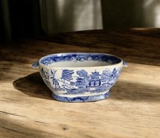 Antique 19th C Chinese Tureen  Base Blue and White Willow Pattern Dish Bowl