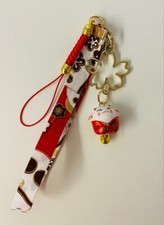 Japanese Maneki Neko Lucky Cat Cherry Blossom Strap Keychain Bell Charm Red