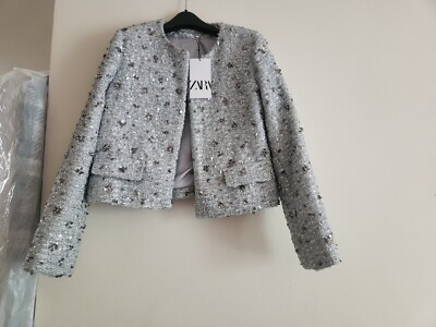 ZARA CROPPED SILVER SEQUIN JACKET SS24 Zw Collection sz M BNWT