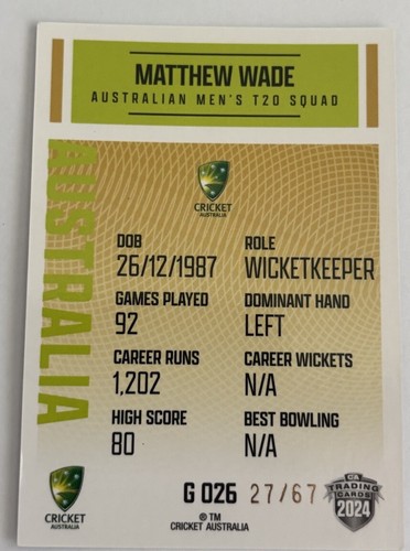 AUSTRALIAN CRICKETER MATTHEW WADE SIGNED 2024 TRADERS GOLD T20 CARD #27/67 - Picture 2 of 2