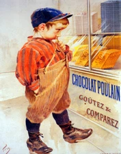 POSTER CHOCOLATE POULAIN BOY LOOKING AT STORE WINDOW VINTAGE REPRO FREE S/H