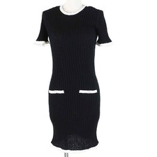 Great CHANEL one piece COCO Mark Buttoned Short Sleeve Black White Women 36
