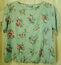 VTG Cricket Lane Floral Top-Short Sleeve -Sz 12P-Green w/Flowers-Made in USA-EUC
