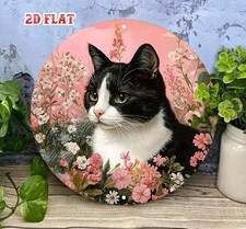 Black White Cat Pink Flowers Round Metal Sign 8" Aluminum Wall Decor