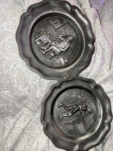 Vintage 2 Pewter Decorative Plates w/ Raised Figural Stamped Scenes, MarkedSpain