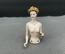 Rare Galluba & Hofmann German Bisque 4" Half Doll #5690 w/ Wig, Necklace & Book