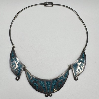Taxco Sterling Silver Turquoise Inlay Collar Necklace TA-48 Mexico