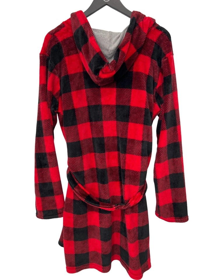 Bata con Capucha Lucky Brand Talla XL Roja Negra Acogedora Búfalo Cuadros Cinturón Felpa Cómoda Foto 2 de 4