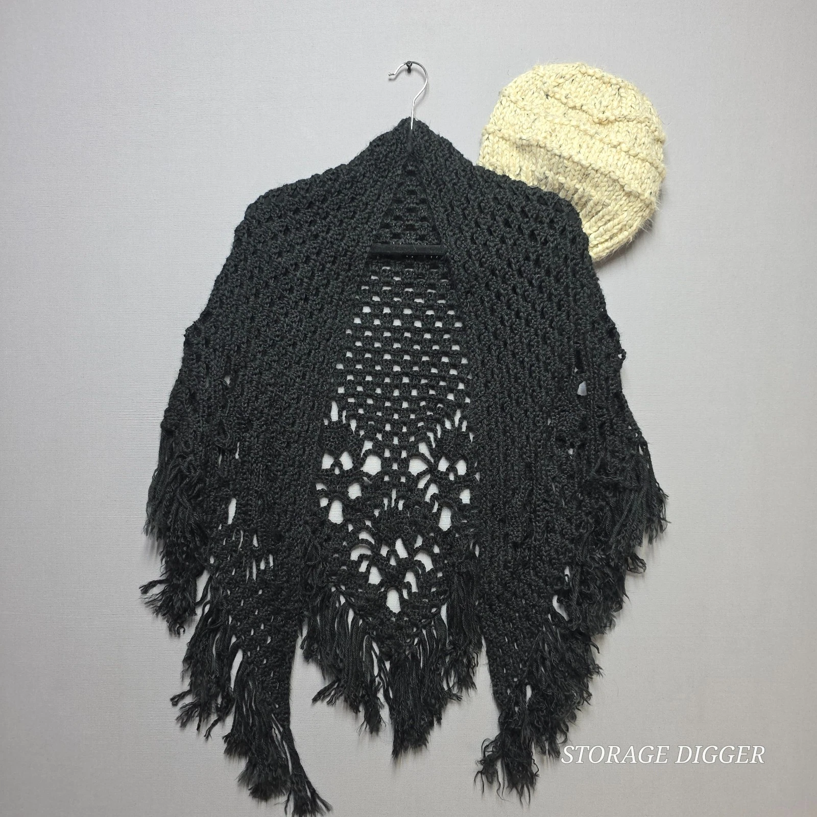 Vintage Black Crochet Triangle Fringe Shawl & Cream Chunky Knit Beanie Hat Set