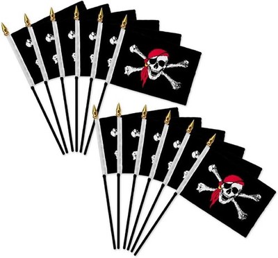 1 Dozen Red Bandana 4x6in Stick Flags Handheld Jolly Roger Pirate Desk Flags