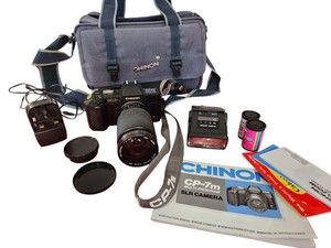 Vintage Chinon CP-7m 35mm SLR Camera + 35-200mm Lens, S-250 Flash, Bag -...
