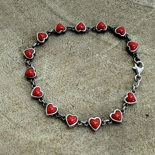 Vintage Sterling Silver Red Enamel Heart Link Bracelet 925 Sterling Romantic