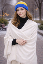 Ivory Wool Shawl  Soft Pashmina Style Winter Wrap, Woven Pattern Fringed Edges