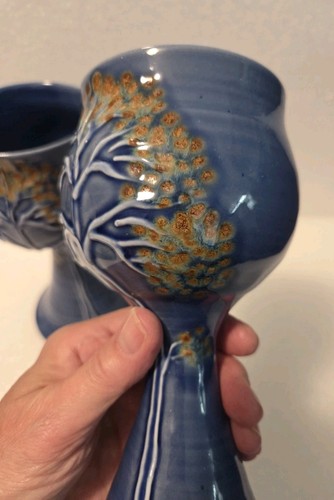 2 Southern Highland Craft Guild Blue Pottery Challis Cups Mystical Trees NWOT - Picture 11 of 13