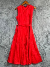 J.Crew Seamed Linen Dress Medium Petite Red Belted Midi A Line Sleeveless CL042