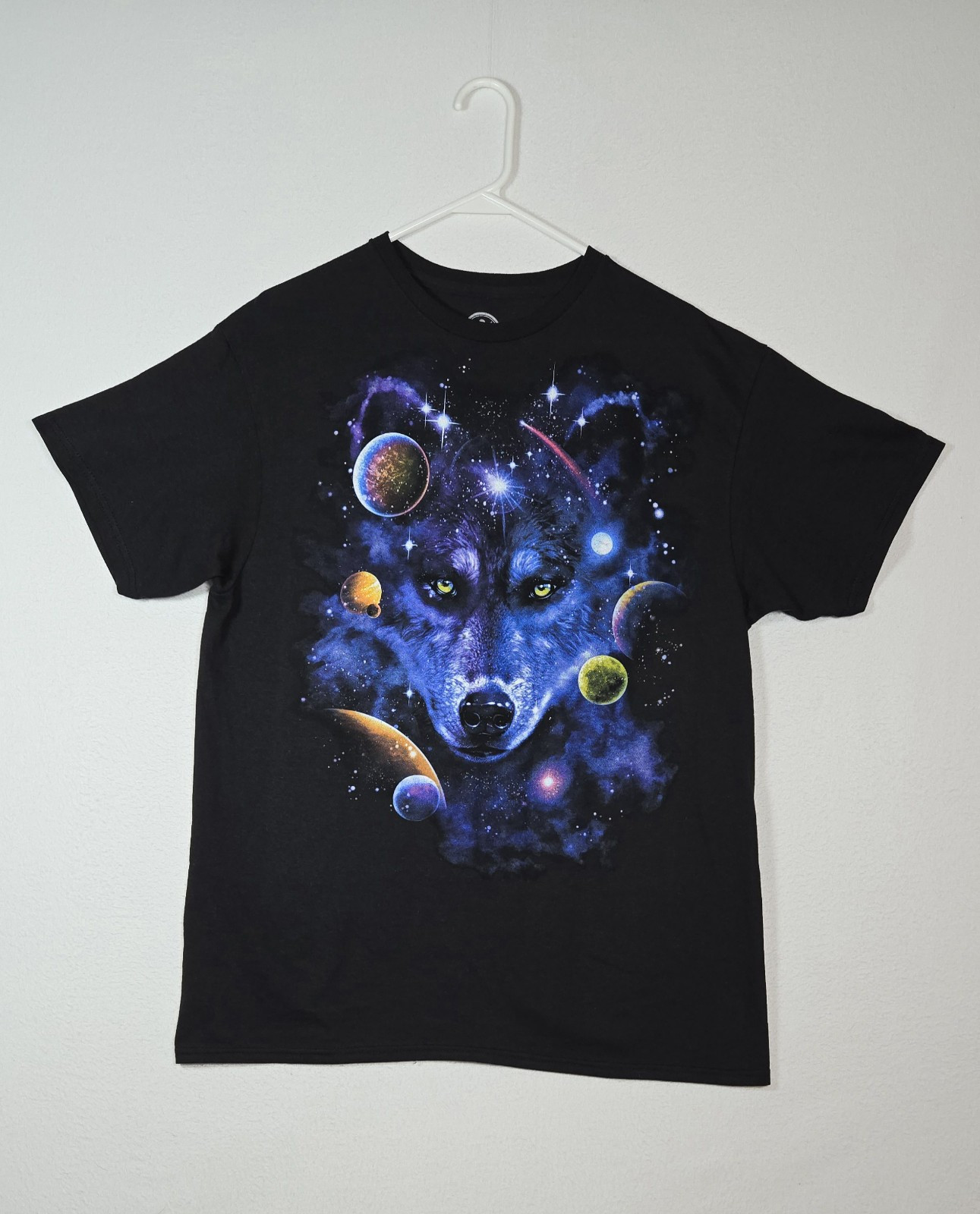 DOM Galaxy Space Wolf Graphic Stars T-Shirt  Black Mens Sz L  Planets