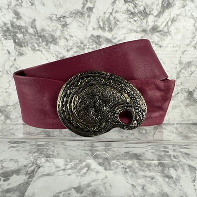 Vintage Women Adjustable Wide Leather Belt With Brass Paisley Clip Buckle Size M