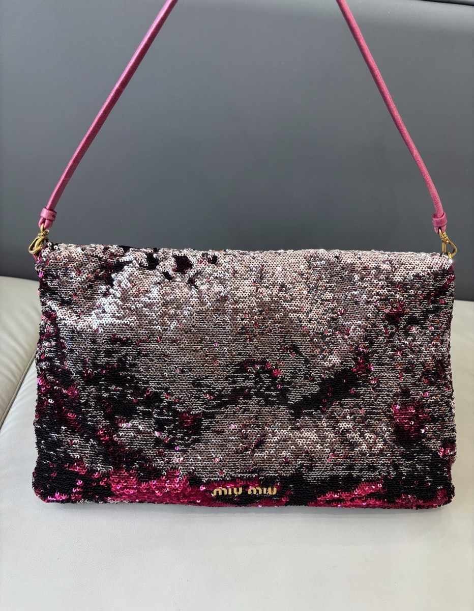 Miu Miu Sequin GM Shoulder Bag Clutch Bag Silver Pink Women