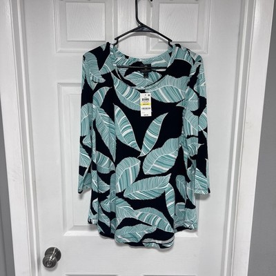 NWT Alfani Teal Leaf-Print Long-Sleeve Top Size M