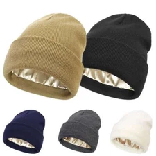 Unisex Satin Lined Hat Knit Beanie Hat Acrylic Soft Warm Anti Static Knit Cap