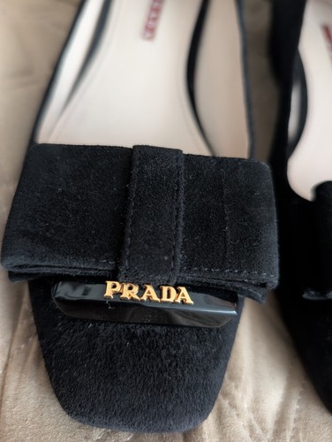 Prada Black Suede Bow Gold Logo Pumps Ballet Flats Ballerina Shoes Wedge Sz 38.5 - Picture 8 of 19