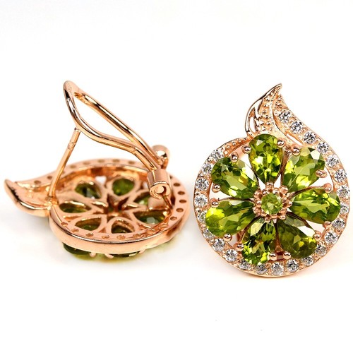 NATURAL AAA GREEN PERIDOT PEAR & WHITE CZ STERLING 925 SILVER FLOWER EARRING - Picture 3 of 6