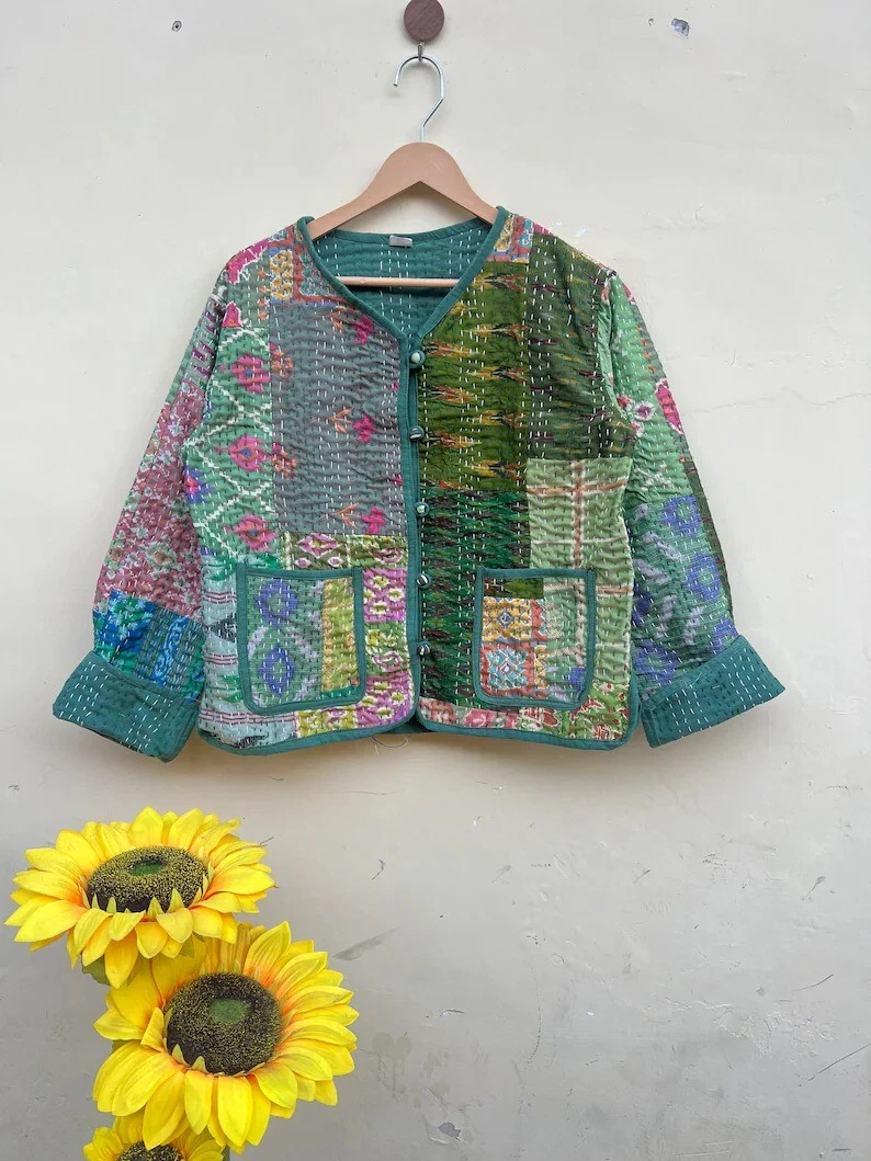 Indian Green Patchwork Cotton Quilted Unisex Jacket Women's Clothing Jacket US