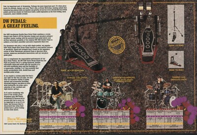 1992 2pg Print Ad of DW Drum Pedals w Tommy Lee Dennis Chambers Vinnie Colaiuta