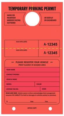 Temporary Parking Permit-Mirror Tags, Numbers, Stub, 7-3/4'' x 4-1/4'', Red- PK/50