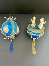 Gold  Blue Satin Beaded Sequined Push Pin Christmas Ornaments Vintage Handmade