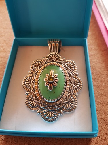 Carolyn Pollack 925 Silver Varisccite & Peridot Pendant/Brooch Ch 18" 29g