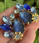 Vintage Blue Rhinestone molded glass Navette clip earrings Costume jewelry