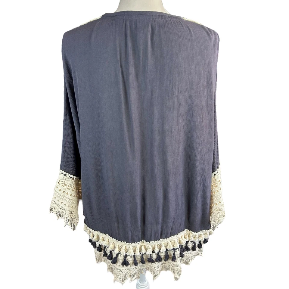 Cárdigan Weavers Frente Abierto Mujer Talla S Gris Crema Flecos Crochet Boho Kimono Foto 3 de 4