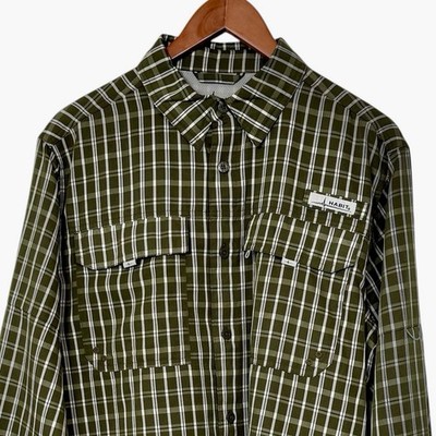 Habit Fishing Shirt Mens Medium Green Plaid Long Sleeve Vented UPF 40 Outdoor